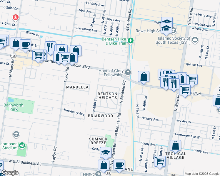 map of restaurants, bars, coffee shops, grocery stores, and more near 4601 West Maple Avenue in McAllen