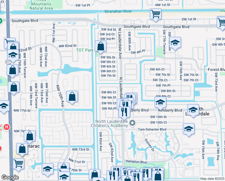 map of restaurants, bars, coffee shops, grocery stores, and more near 8131 Southwest 8th Court in North Lauderdale