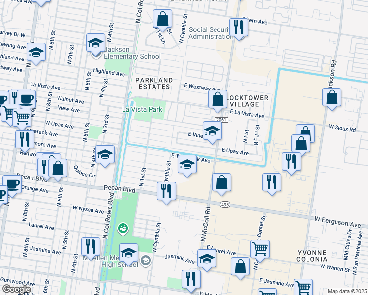 map of restaurants, bars, coffee shops, grocery stores, and more near 300 East Upas Avenue in McAllen
