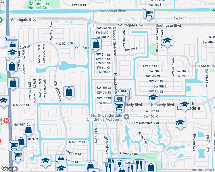 map of restaurants, bars, coffee shops, grocery stores, and more near 8131 Southwest 8th Court in North Lauderdale