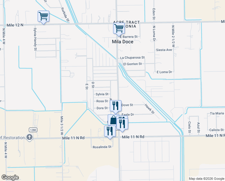 map of restaurants, bars, coffee shops, grocery stores, and more near 6310 A St in Mercedes