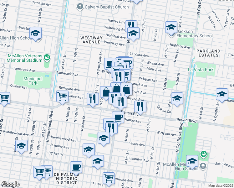 map of restaurants, bars, coffee shops, grocery stores, and more near 1807 North 10th Street in McAllen