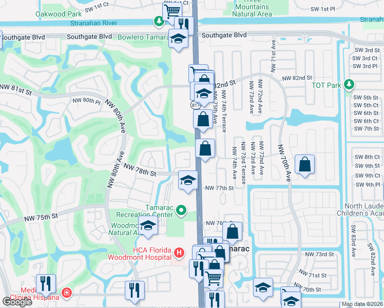 map of restaurants, bars, coffee shops, grocery stores, and more near 7862 Northwest 77th Avenue in Tamarac