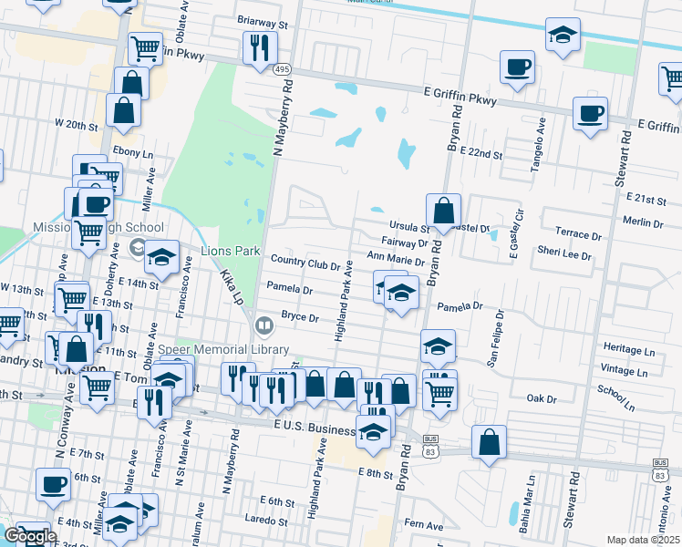 map of restaurants, bars, coffee shops, grocery stores, and more near 918 Country Club Drive in Mission