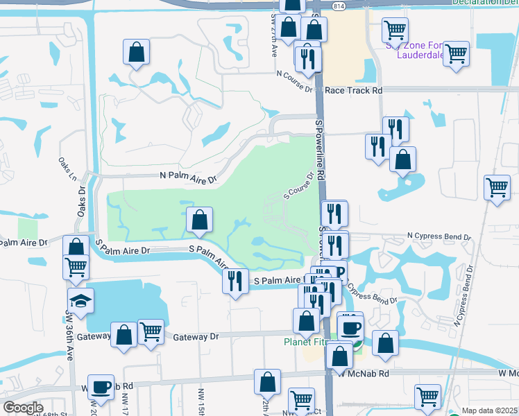 map of restaurants, bars, coffee shops, grocery stores, and more near 2671 South Course Drive in Pompano Beach