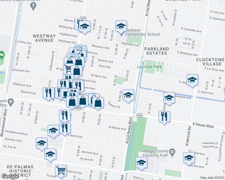 map of restaurants, bars, coffee shops, grocery stores, and more near 500 Sycamore Avenue in McAllen