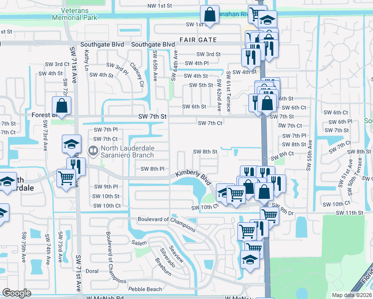 map of restaurants, bars, coffee shops, grocery stores, and more near 6361 Southwest 8th Street in North Lauderdale