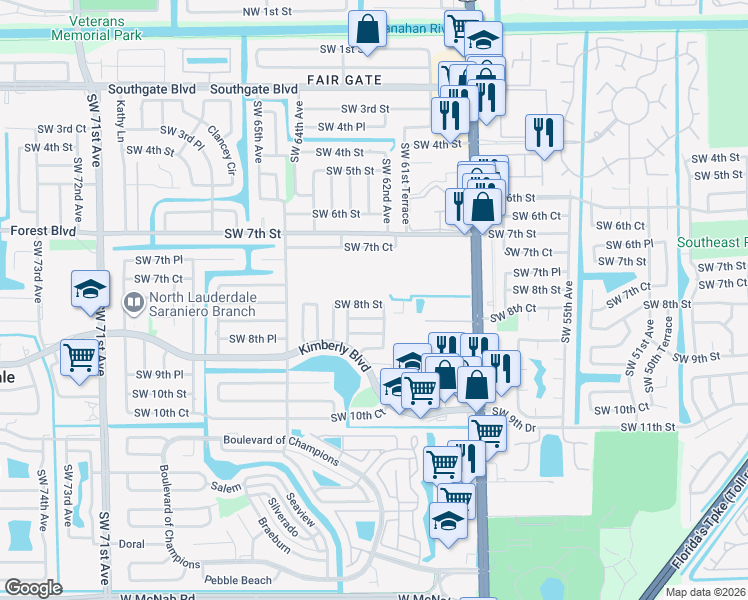 map of restaurants, bars, coffee shops, grocery stores, and more near 6231 Southwest 8th Street in North Lauderdale