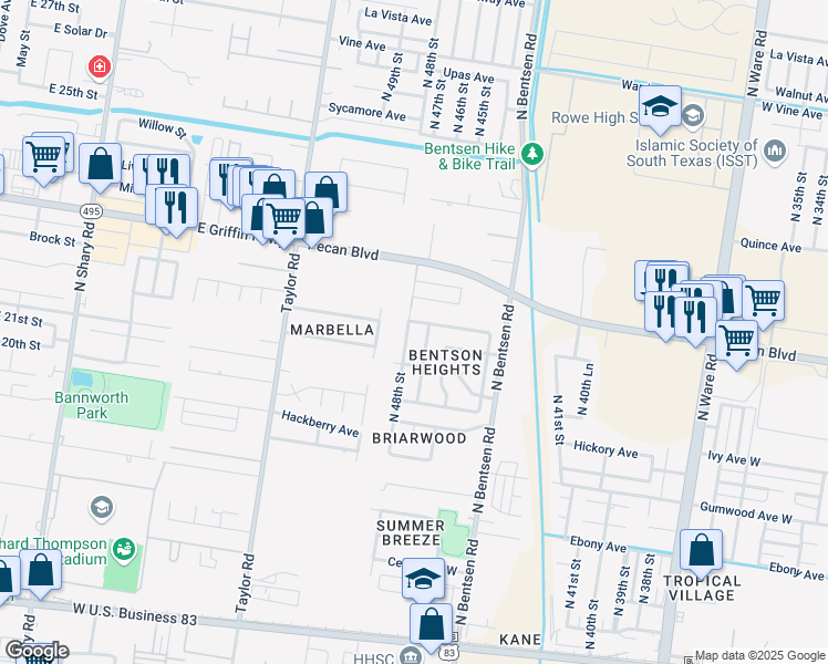 map of restaurants, bars, coffee shops, grocery stores, and more near 1208 North 48th Street in McAllen