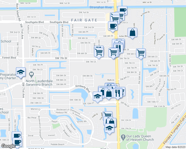 map of restaurants, bars, coffee shops, grocery stores, and more near 6211 Southwest 8th Street in North Lauderdale