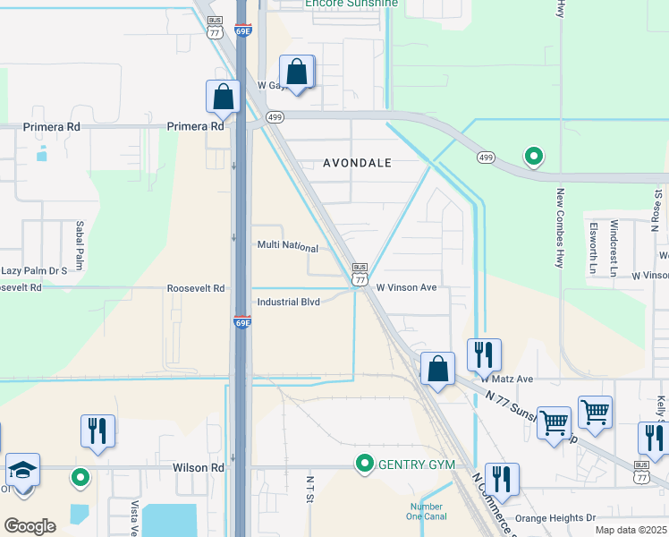 map of restaurants, bars, coffee shops, grocery stores, and more near Multi National in Harlingen