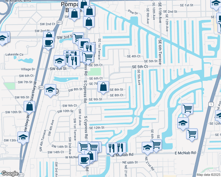 map of restaurants, bars, coffee shops, grocery stores, and more near 261 Southeast 8th Street in Pompano Beach