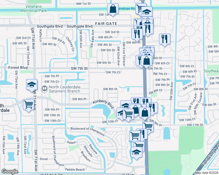 map of restaurants, bars, coffee shops, grocery stores, and more near 6281 Southwest 8th Street in North Lauderdale