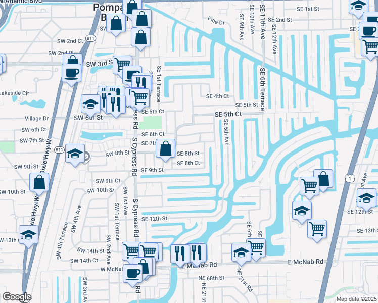 map of restaurants, bars, coffee shops, grocery stores, and more near 311 Southeast 8th Street in Pompano Beach