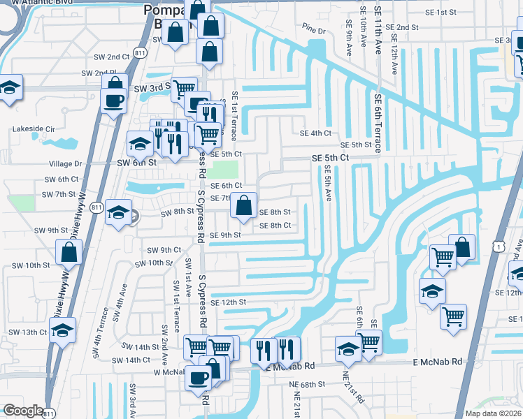 map of restaurants, bars, coffee shops, grocery stores, and more near 261 Southeast 8th Street in Pompano Beach