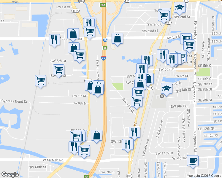 map of restaurants, bars, coffee shops, grocery stores, and more near 871 Southwest 8th Street in Pompano Beach