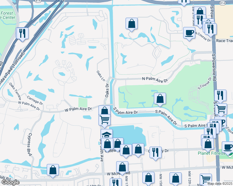 map of restaurants, bars, coffee shops, grocery stores, and more near 3250 North Palm Aire Drive in Pompano Beach