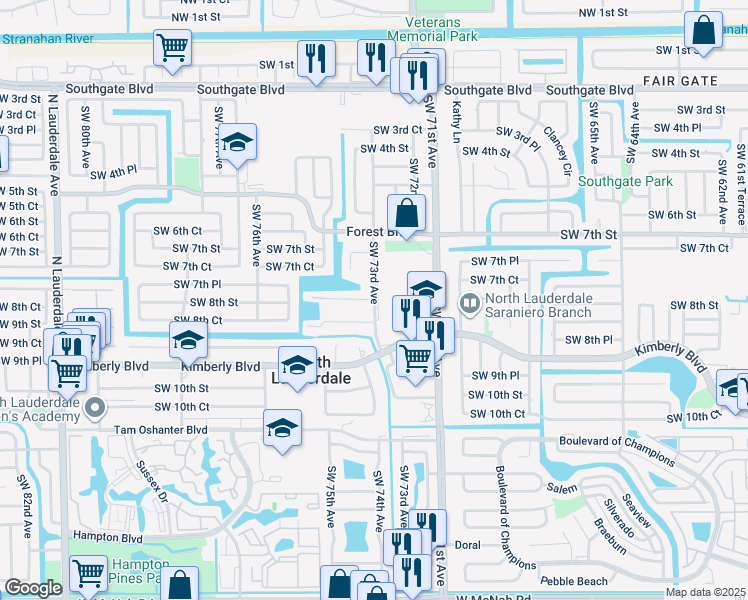 map of restaurants, bars, coffee shops, grocery stores, and more near 806 Southwest 73rd Avenue in North Lauderdale