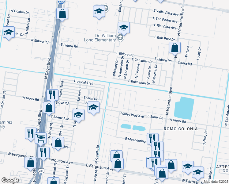 map of restaurants, bars, coffee shops, grocery stores, and more near 801 East Sioux Road in Pharr