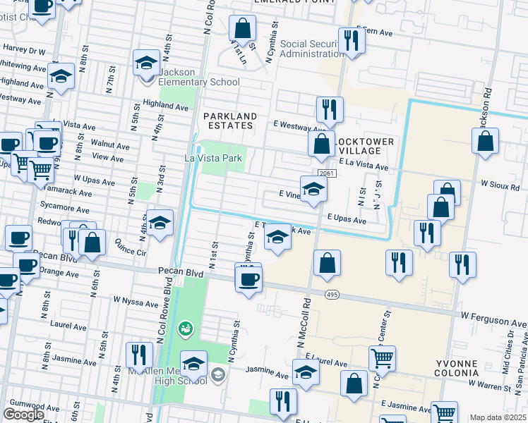 map of restaurants, bars, coffee shops, grocery stores, and more near 216 East Upas Avenue in McAllen