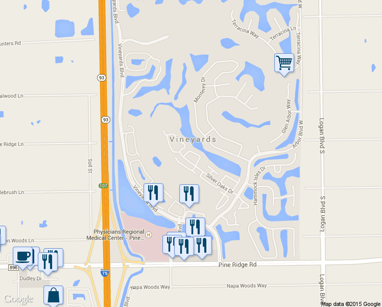 map of restaurants, bars, coffee shops, grocery stores, and more near 265 Napa Ridge Road East in Naples