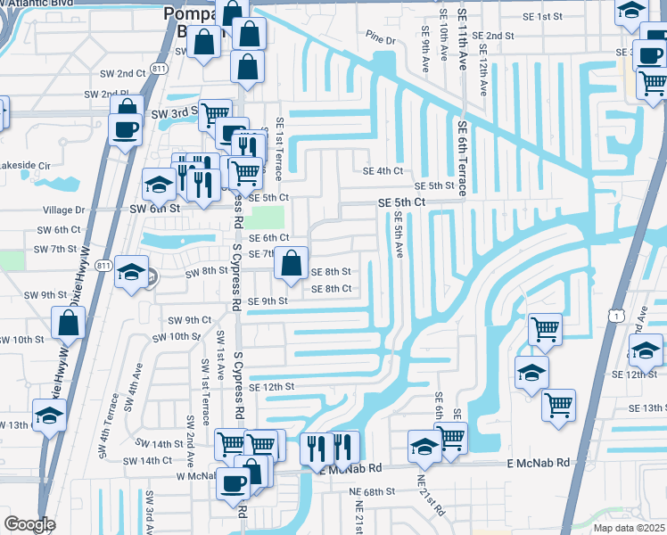 map of restaurants, bars, coffee shops, grocery stores, and more near 311 Southeast 8th Street in Pompano Beach