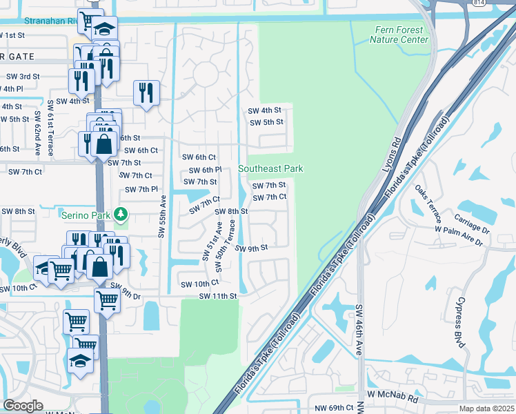 map of restaurants, bars, coffee shops, grocery stores, and more near 4990 Southwest 8th Street in Margate