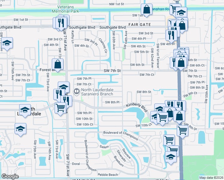 map of restaurants, bars, coffee shops, grocery stores, and more near 6511 Southwest 8th Street in North Lauderdale