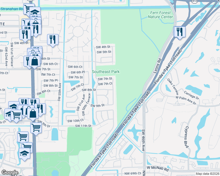 map of restaurants, bars, coffee shops, grocery stores, and more near 4956 Southwest 8th Street in Margate