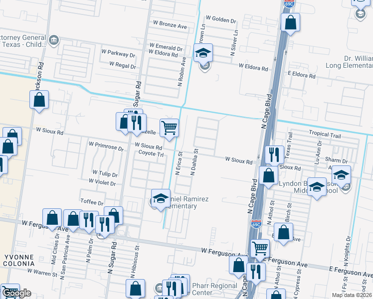 map of restaurants, bars, coffee shops, grocery stores, and more near 2900 North Erica Street in Pharr