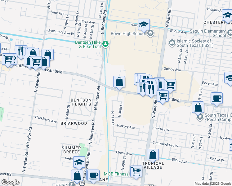 map of restaurants, bars, coffee shops, grocery stores, and more near 4201 Pecan Boulevard in McAllen