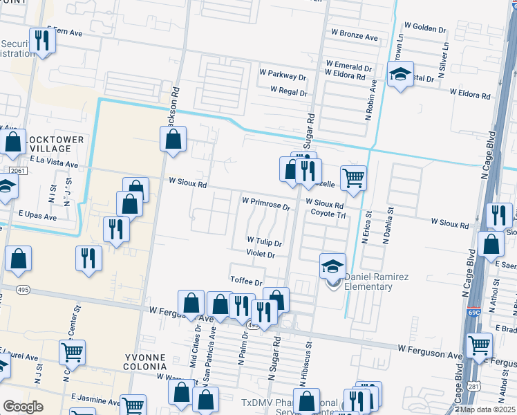 map of restaurants, bars, coffee shops, grocery stores, and more near 2734 North Marigold Lane in Pharr