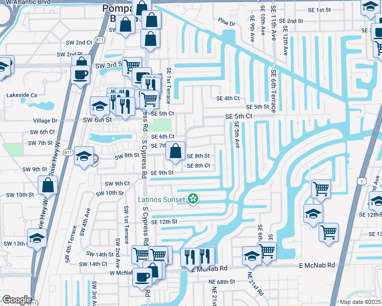 map of restaurants, bars, coffee shops, grocery stores, and more near 261 Southeast 8th Street in Pompano Beach