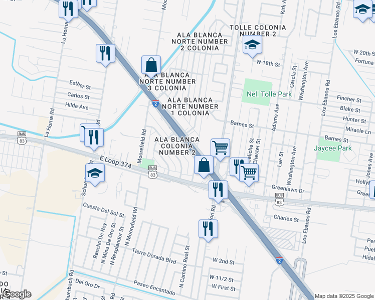 map of restaurants, bars, coffee shops, grocery stores, and more near 2413 U.S. 83 Frontage Road South in Mission