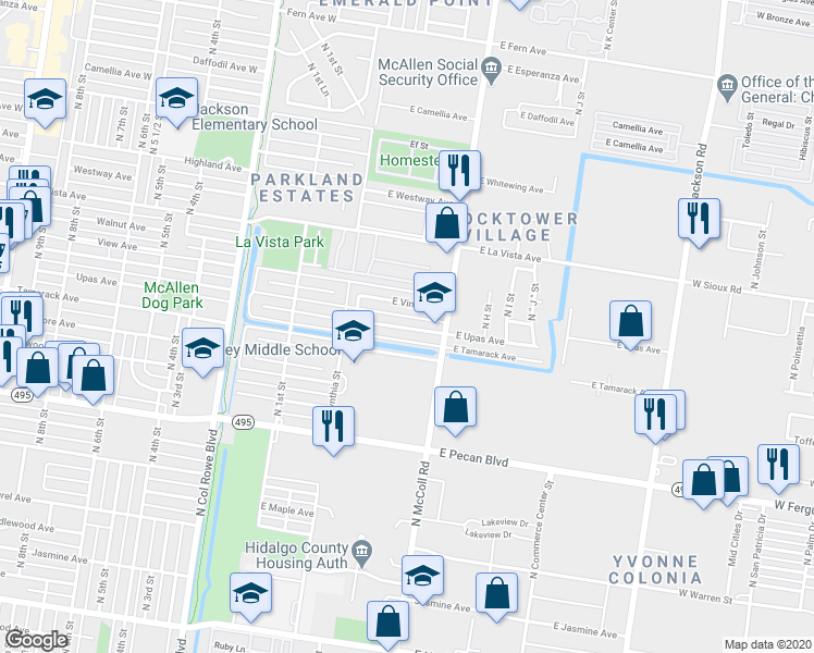 map of restaurants, bars, coffee shops, grocery stores, and more near 509 East Upas Avenue in McAllen