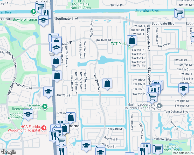 map of restaurants, bars, coffee shops, grocery stores, and more near 7814 Northwest 70th Avenue in Tamarac