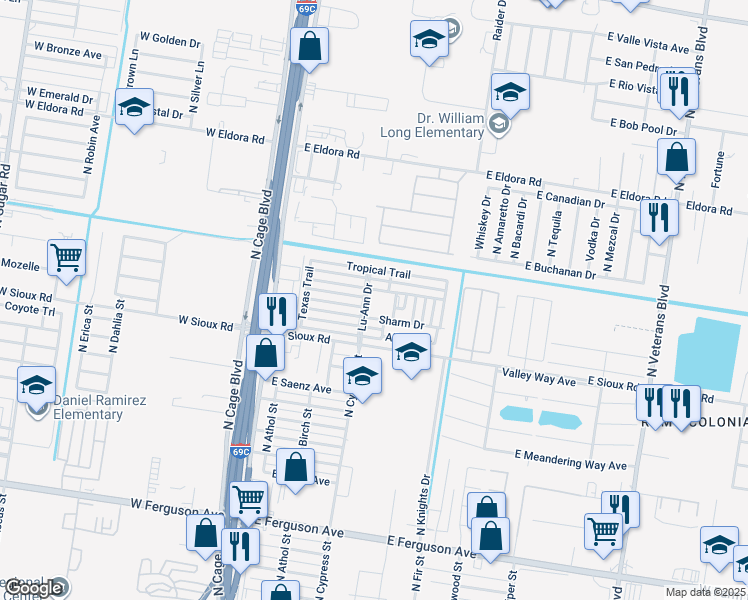 map of restaurants, bars, coffee shops, grocery stores, and more near 21 Texas Trail in Pharr