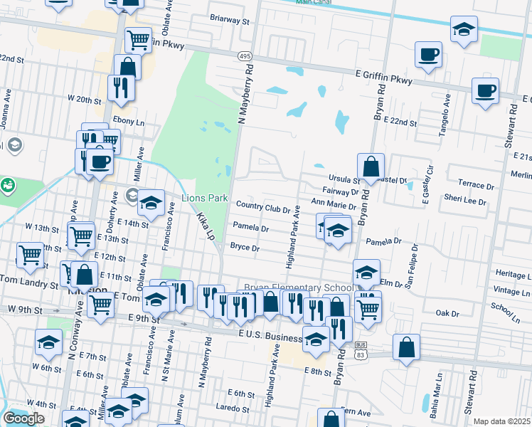 map of restaurants, bars, coffee shops, grocery stores, and more near 902 Country Club Drive in Mission