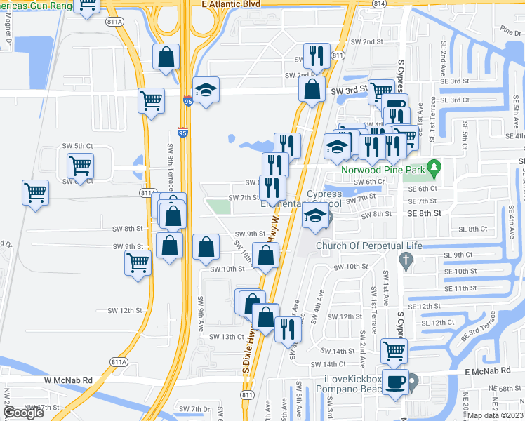map of restaurants, bars, coffee shops, grocery stores, and more near 603 Southwest 8th Street in Pompano Beach