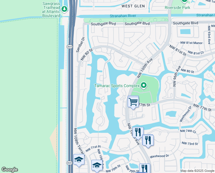map of restaurants, bars, coffee shops, grocery stores, and more near 7504 Granville Drive in Tamarac