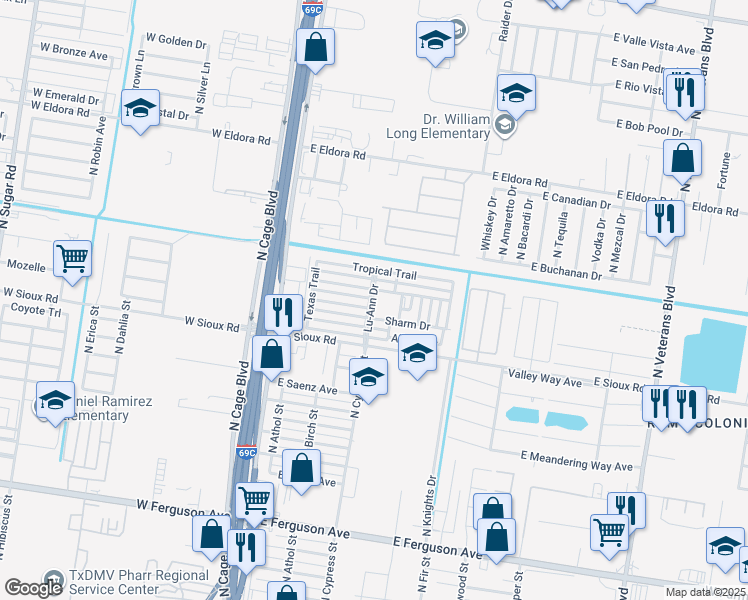 map of restaurants, bars, coffee shops, grocery stores, and more near 21 Texas Trail in Pharr