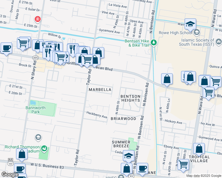 map of restaurants, bars, coffee shops, grocery stores, and more near 4901 West Maple Avenue in McAllen