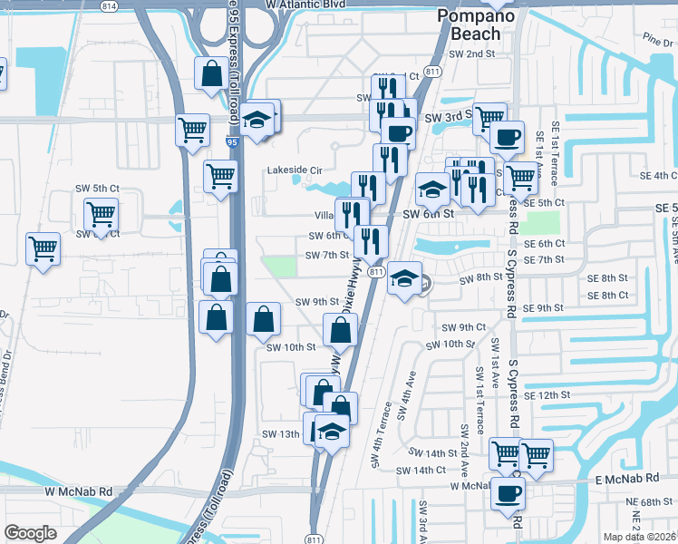 map of restaurants, bars, coffee shops, grocery stores, and more near 601 Southwest 8th Street in Pompano Beach