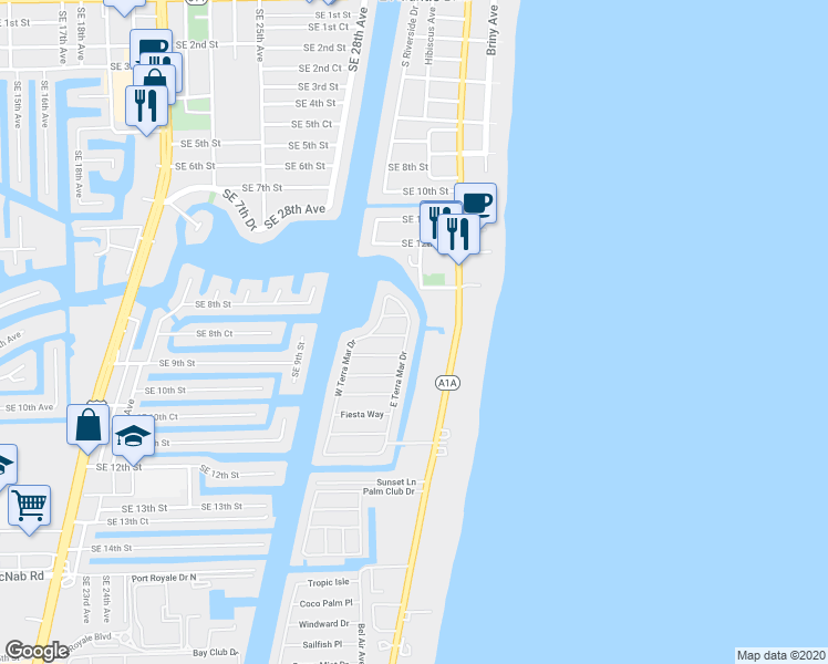 map of restaurants, bars, coffee shops, grocery stores, and more near 1390 East Terra Mar Drive in Pompano Beach