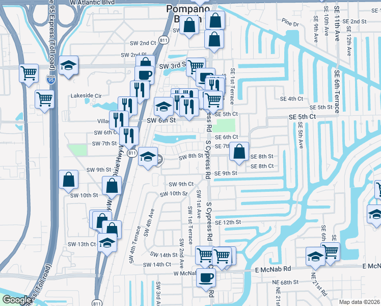 map of restaurants, bars, coffee shops, grocery stores, and more near 162 Southwest 7th Court in Pompano Beach