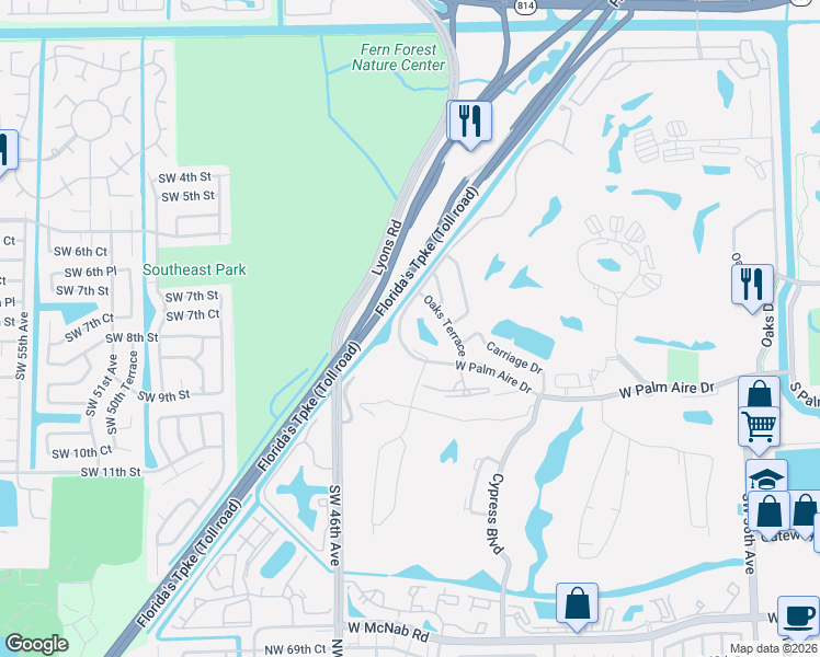 map of restaurants, bars, coffee shops, grocery stores, and more near 4261 West Palm Aire Drive in Pompano Beach