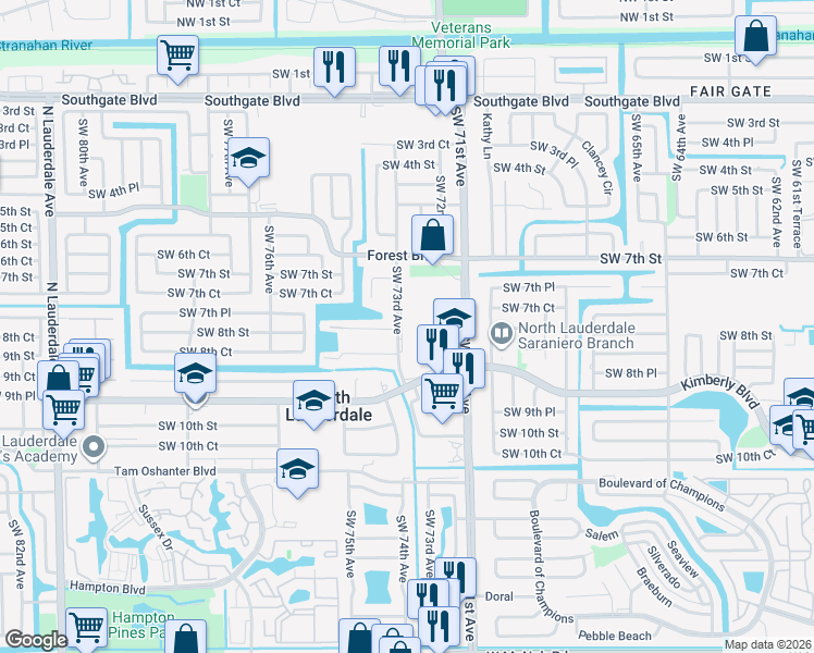 map of restaurants, bars, coffee shops, grocery stores, and more near 806 Southwest 73rd Avenue in North Lauderdale