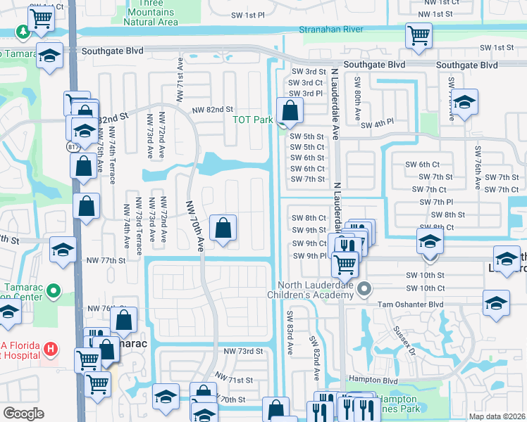 map of restaurants, bars, coffee shops, grocery stores, and more near 7820 Northwest 66th Terrace in Tamarac