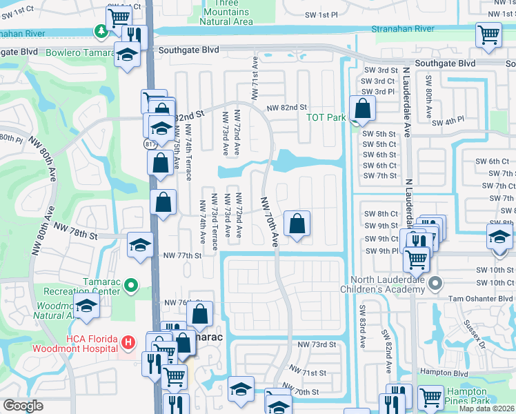 map of restaurants, bars, coffee shops, grocery stores, and more near 7814 Northwest 70th Avenue in Tamarac