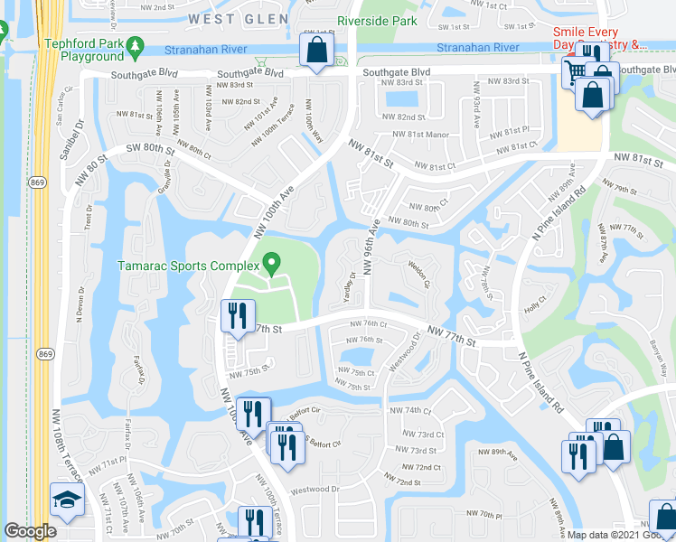 map of restaurants, bars, coffee shops, grocery stores, and more near 7755 Yardley Drive in Tamarac